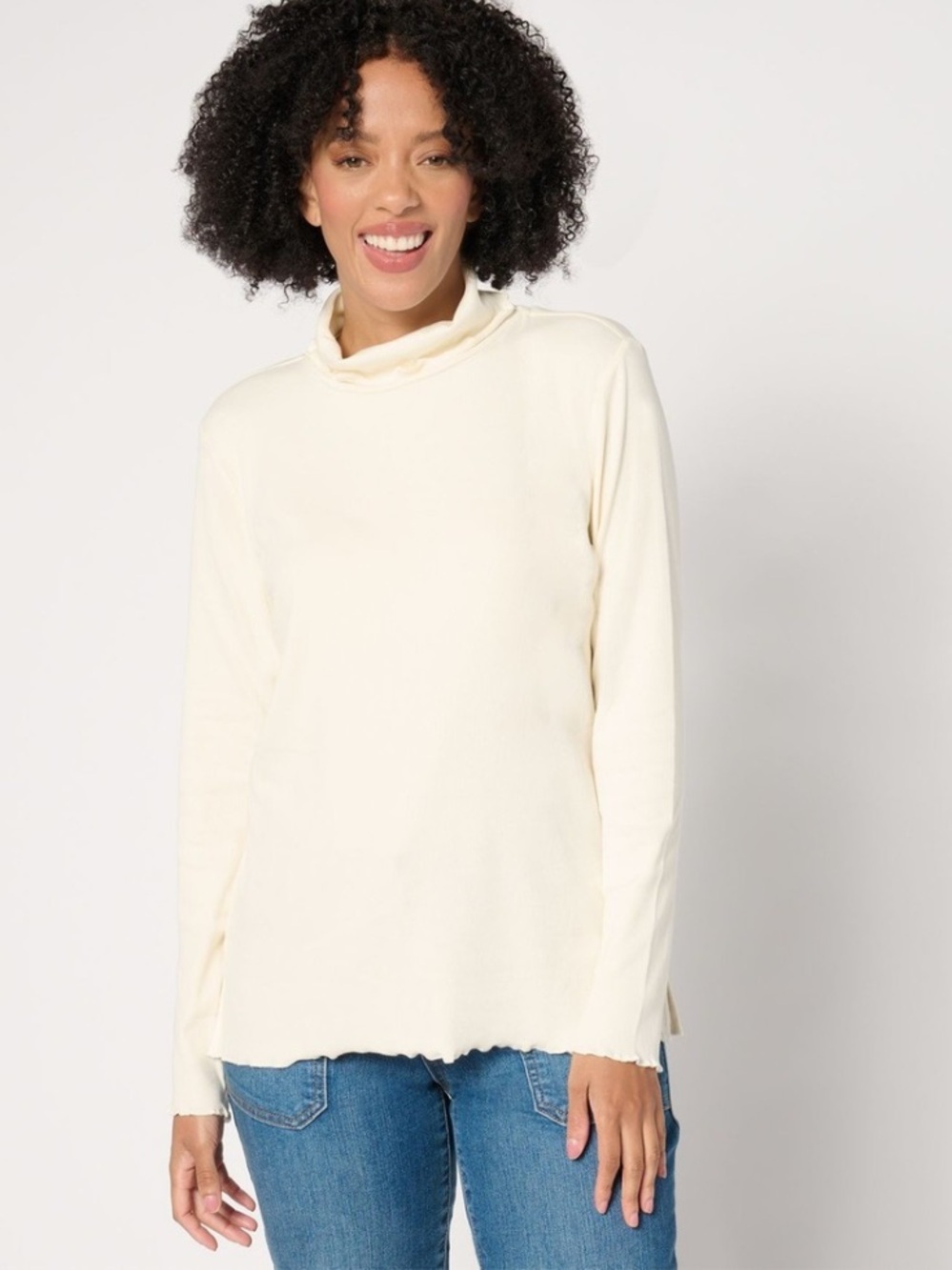 🐷🆕 Isaac Mizrahi Live! Essentials Pima Rib Turtleneck With Lettuce Edge Trim QVC